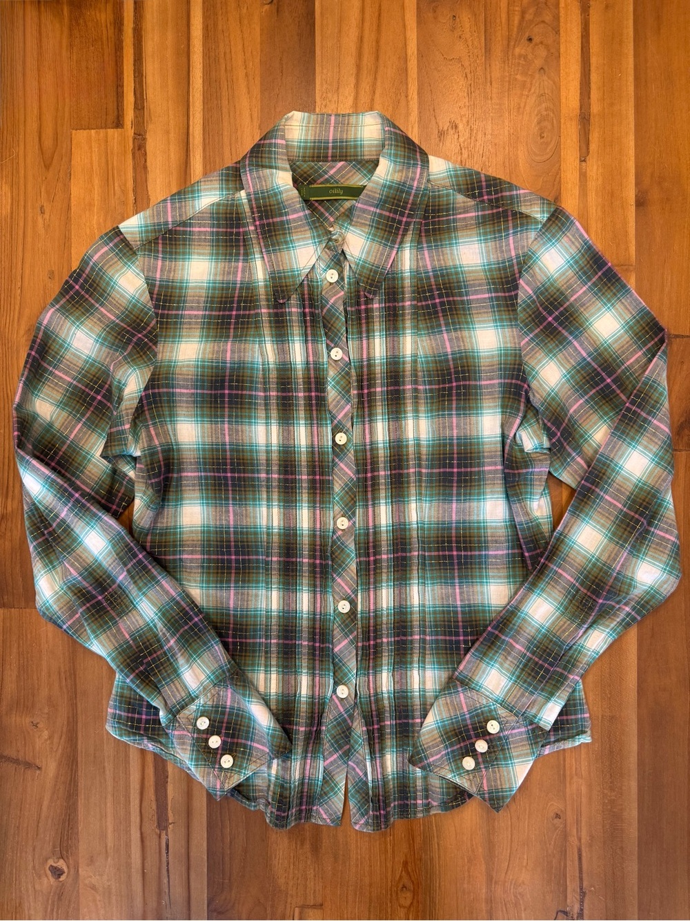 Oilily Long Sleeve Plaid Button Down Shirt With Pleating